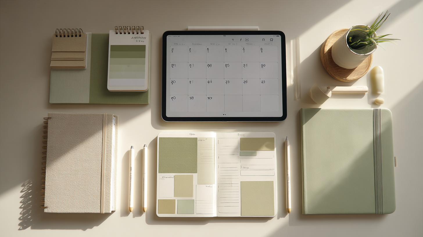Organized desk flat lay with tablet showing a clean calendar app